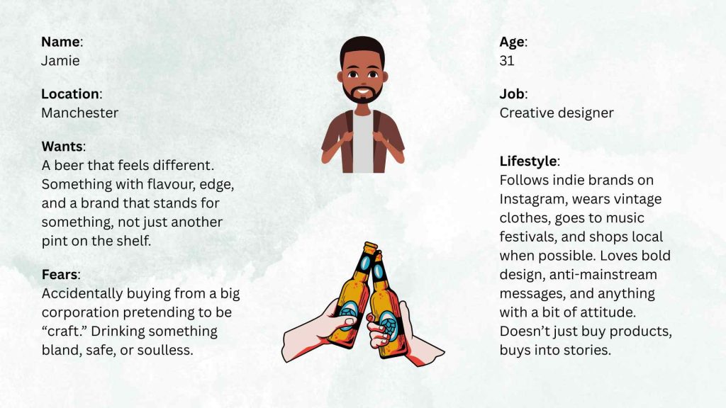 Buyer persona for BrewDog – market segmentation examples featuring Jamie, a 31-year-old creative designer who values bold, indie beer brands.