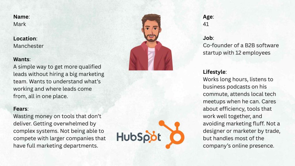 Buyer persona for HubSpot – market segmentation examples featuring Tom, a small agency owner seeking time-saving marketing tools.