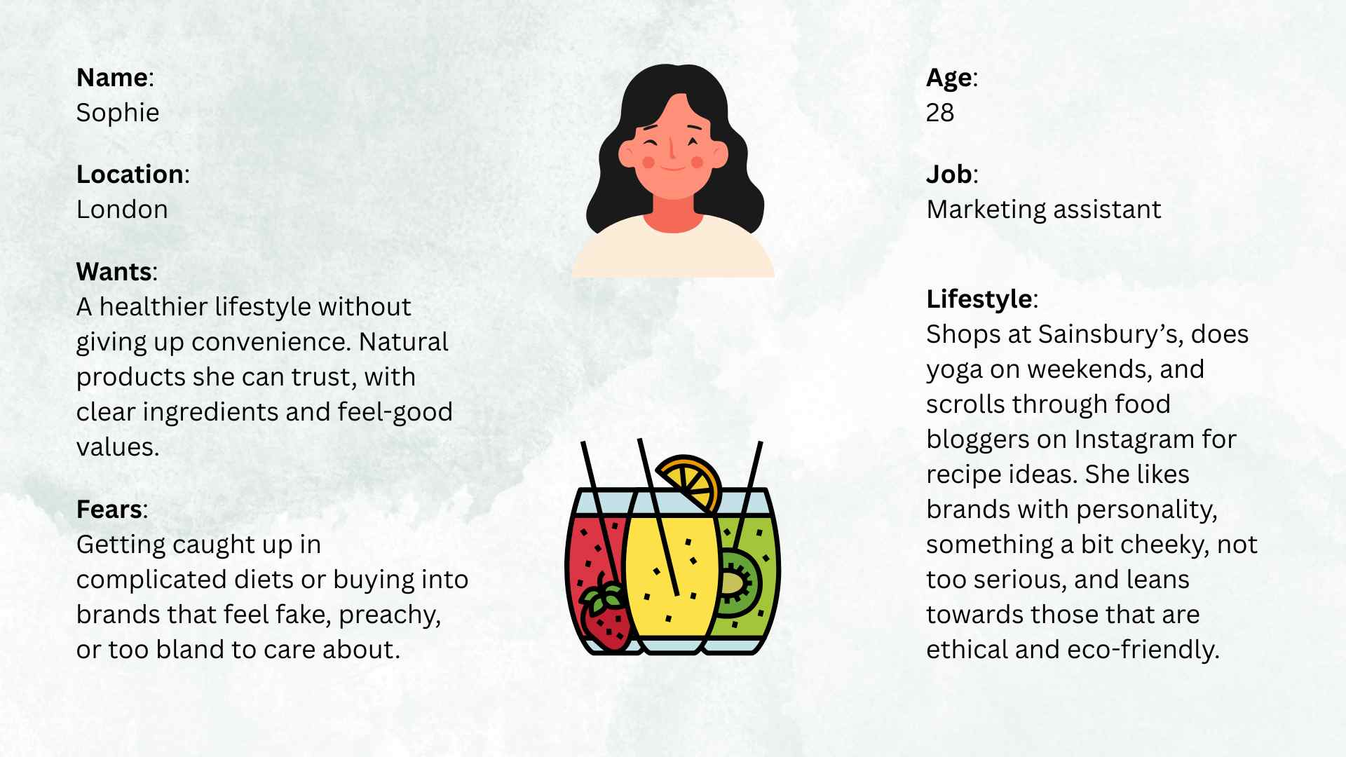 Buyer persona for Innocent – market segmentation examples featuring Sophie, a marketing assistant drawn to natural, trustworthy health products.