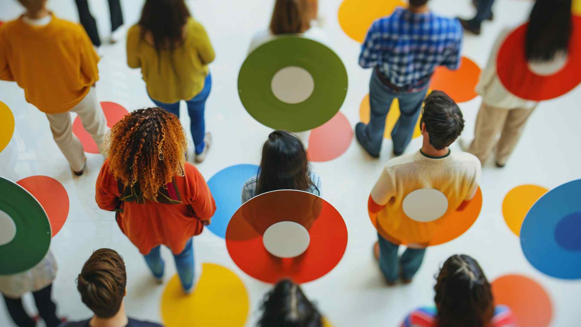 Market segmentation examples visual showing diverse groups of people standing on colourful circles, representing target audience clusters.
