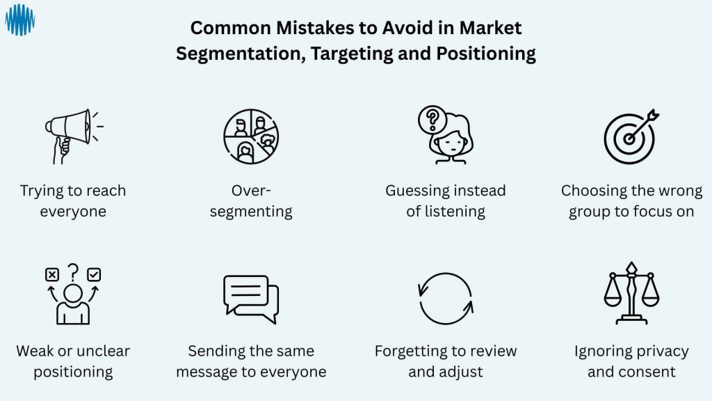 An infographic listing common mistakes in Segmentation, Targeting and Positioning, each with a simple icon and label, such as over-segmenting or weak positioning.