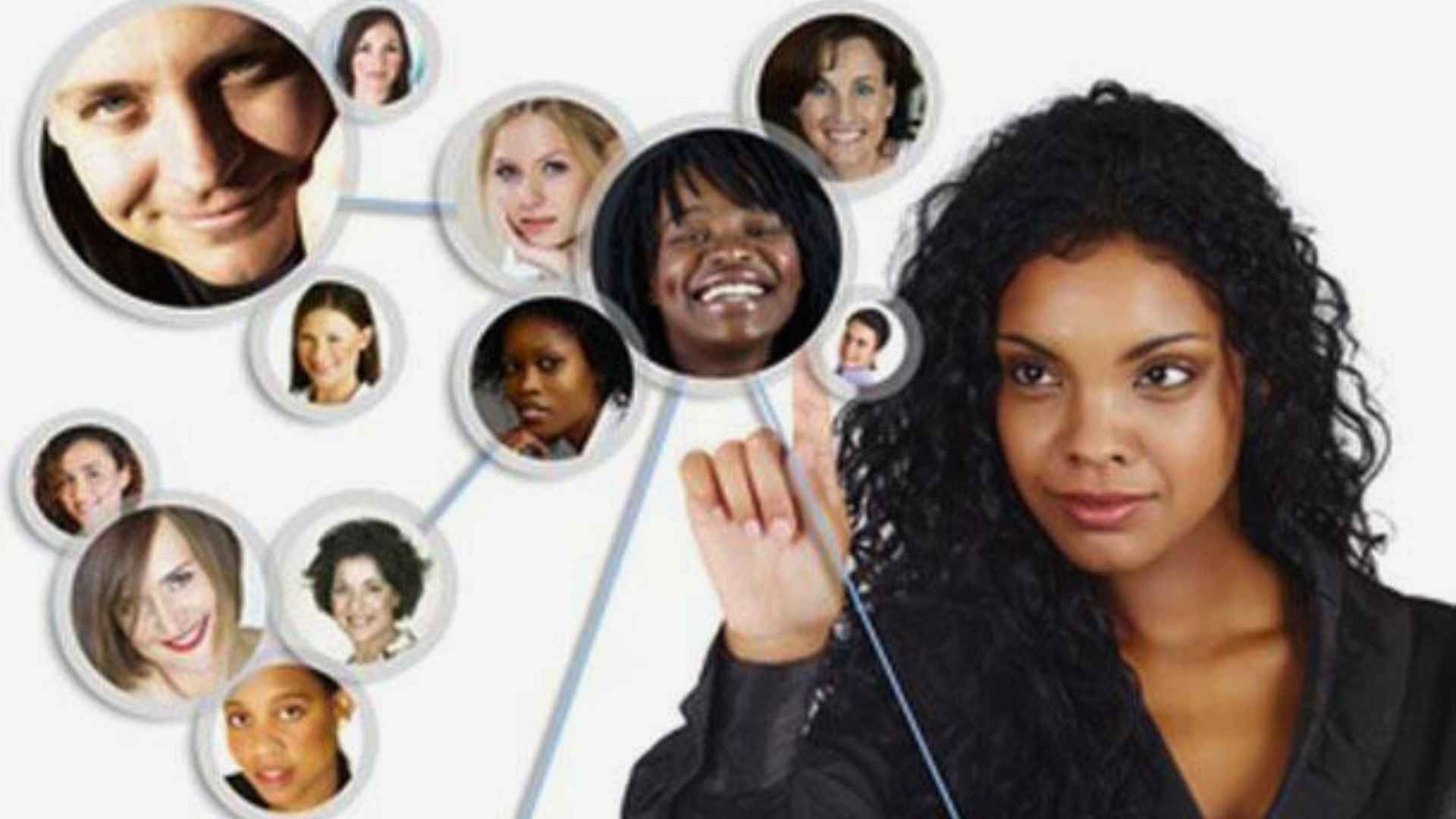 A woman interacting with floating profile icons representing different customer types, visualising the concept of Segmentation, Targeting and Positioning in marketing.