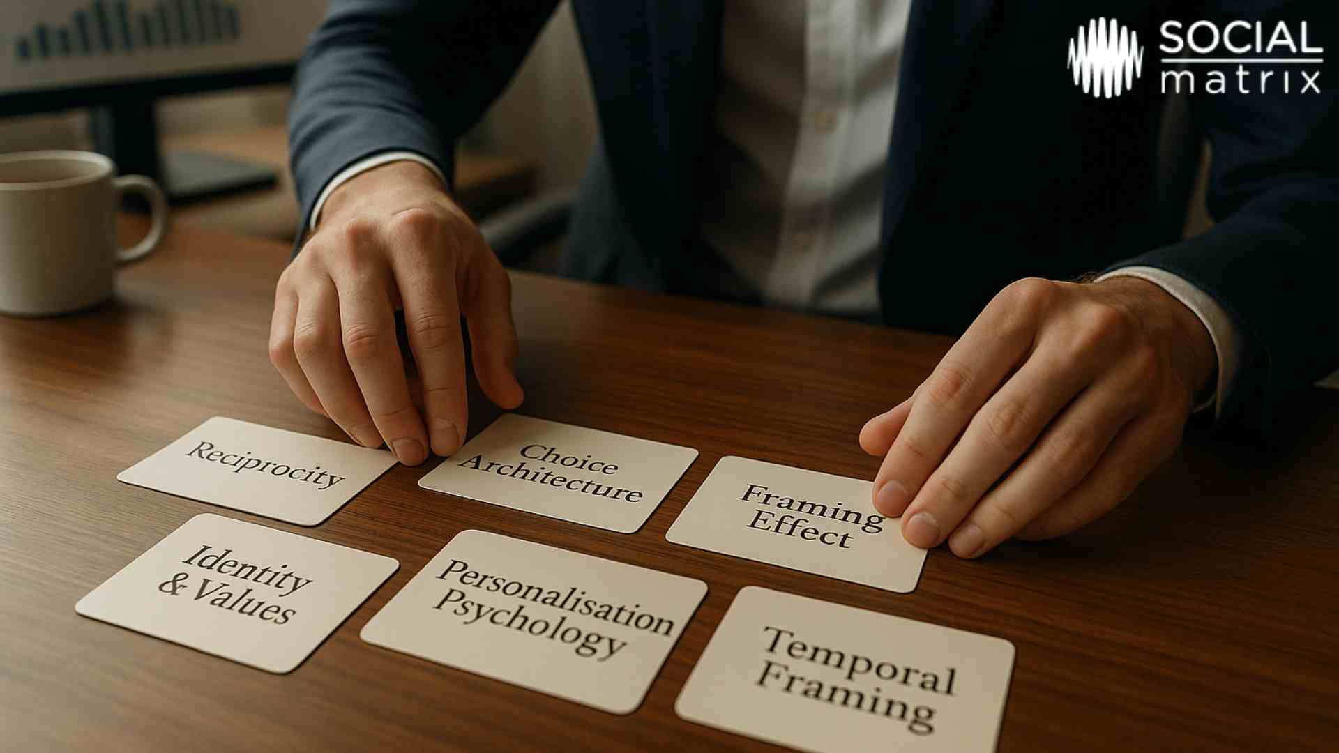 Professional hands arranging six advanced sales psychology technique cards on wooden desk including Reciprocity, Choice Architecture, Framing Effect, Identity & Values, Personalisation Psychology, and Temporal Framing