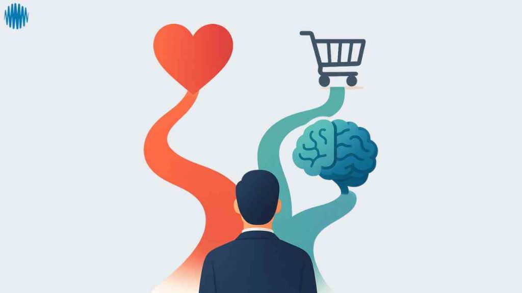 Illustration of emotional vs logical pathways in buying decisions, with a person deciding between heart and brain routes