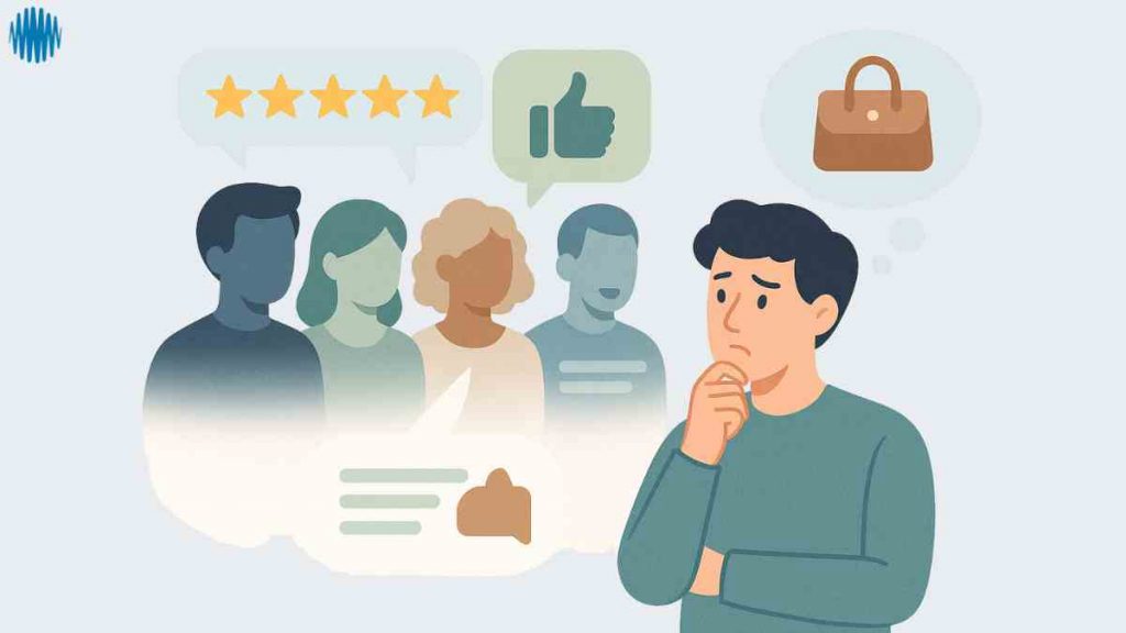 Social proof influencing buying decisions, with people leaving reviews, star ratings, and thumbs up icons