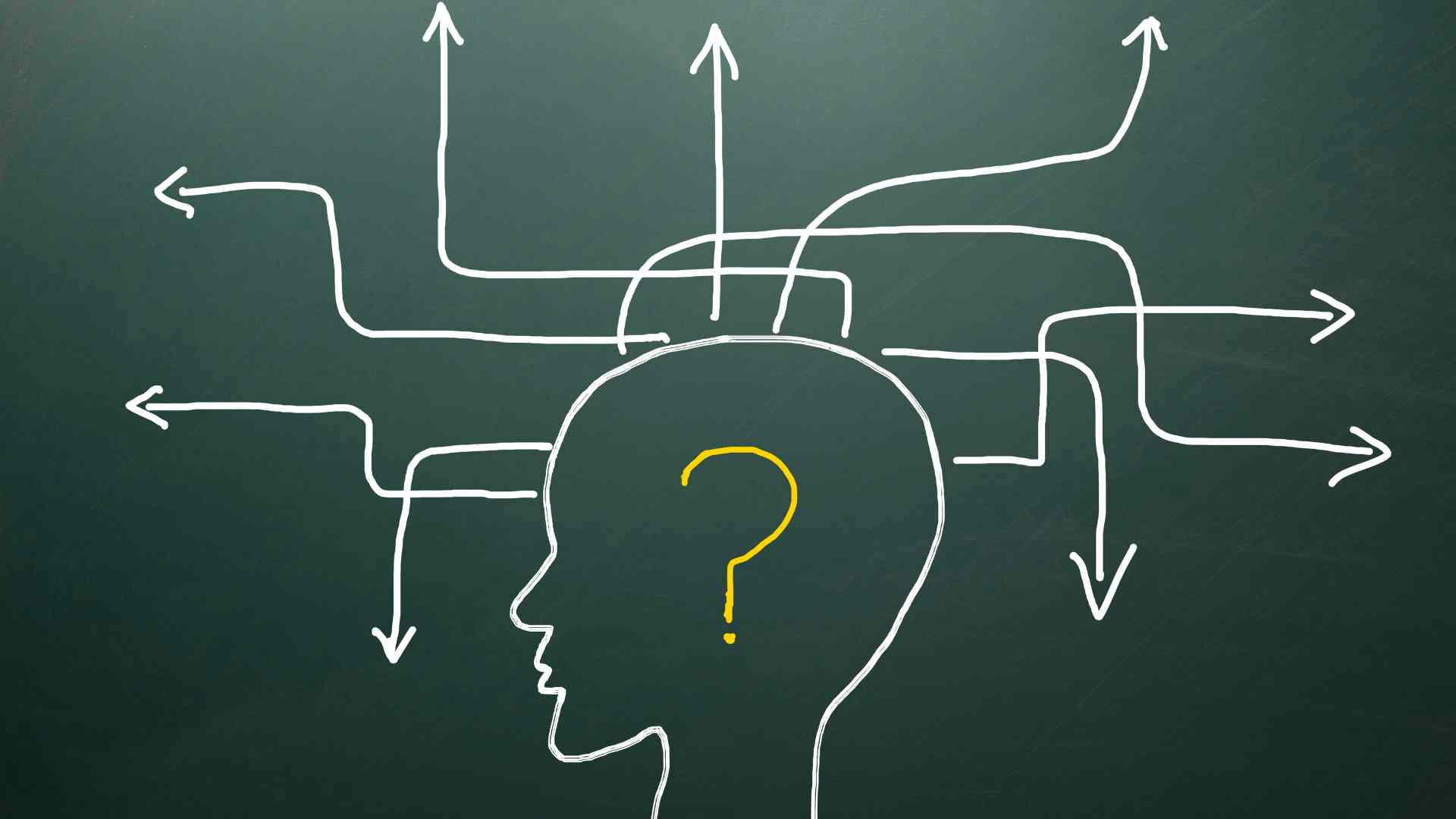 Illustration of a head with arrows pointing in multiple directions, symbolising how psychology influences buying decisions
