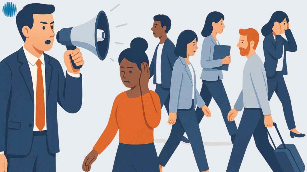Illustration of a businessman shouting through a megaphone at a crowd, while people walk away or cover their ears – symbolising the market segmentation mistake of trying to reach everyone with a generic message.