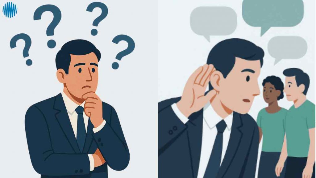 Split-panel cartoon showing a confused marketer with question marks and the same marketer listening to customers – representing the market segmentation mistake of guessing instead of listening to real customer feedback.