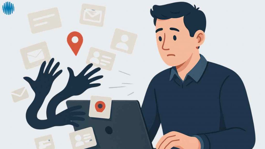 Illustration of a man looking worried as dark hands grab at data from his laptop – highlighting privacy concerns and data misuse, a common market segmentation mistake related to ignoring GDPR and ethical data practices.