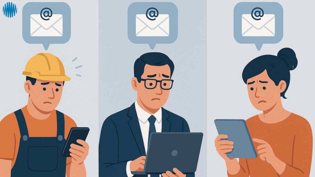 Cartoon showing three people from different professions receiving the same email message – illustrating the market segmentation mistake of sending the same message to all customer groups regardless of their needs.