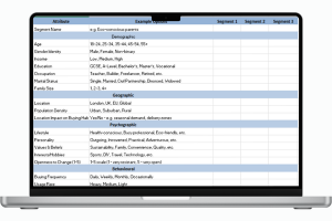 Digital mockup of a customer segmentation table displayed on a laptop, showing example attributes, segment names, and data columns.