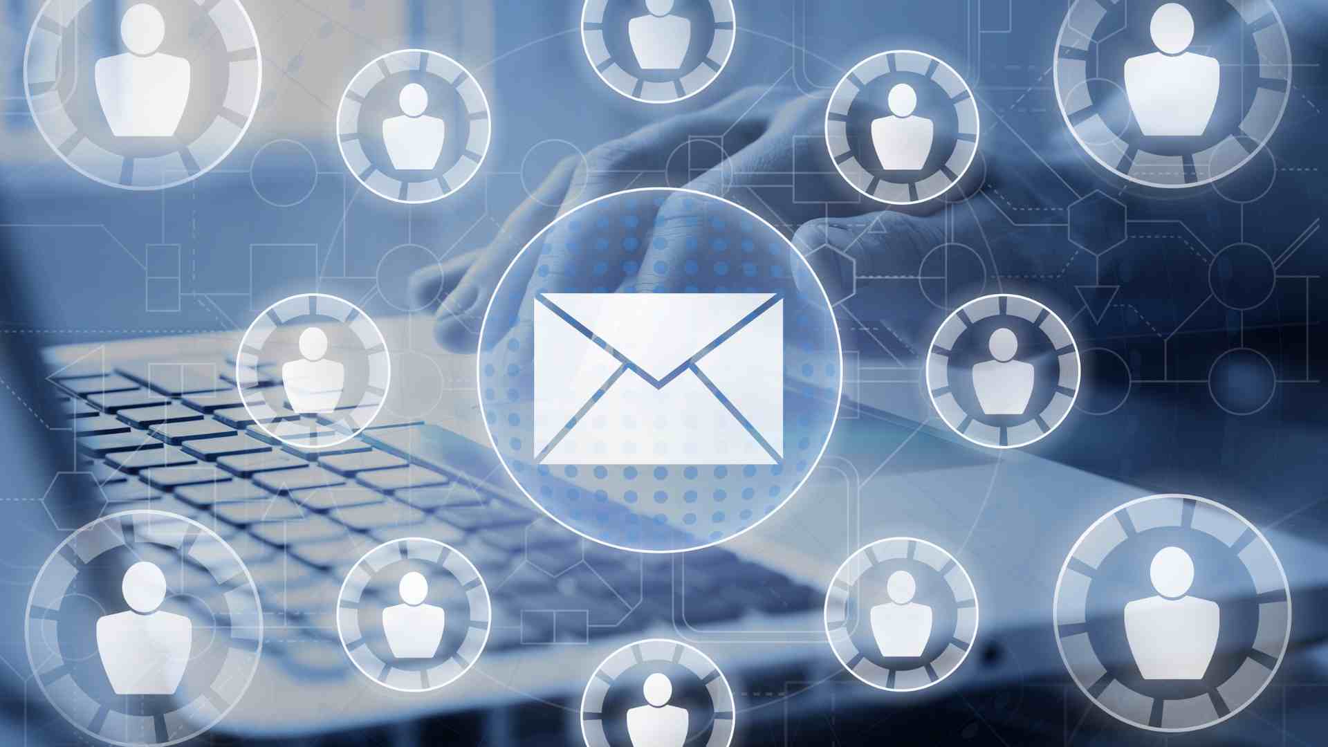 Email marketing agency concept with email icon and user network connections over a laptop background.