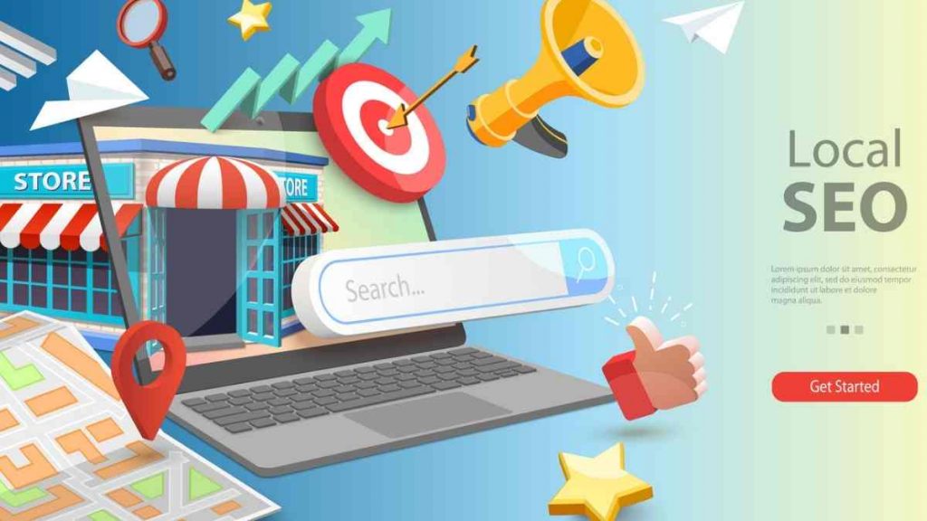 Illustrated laptop with a storefront, search bar, map, and marketing icons, showing how Google Business Profile Optimisation supports local SEO.