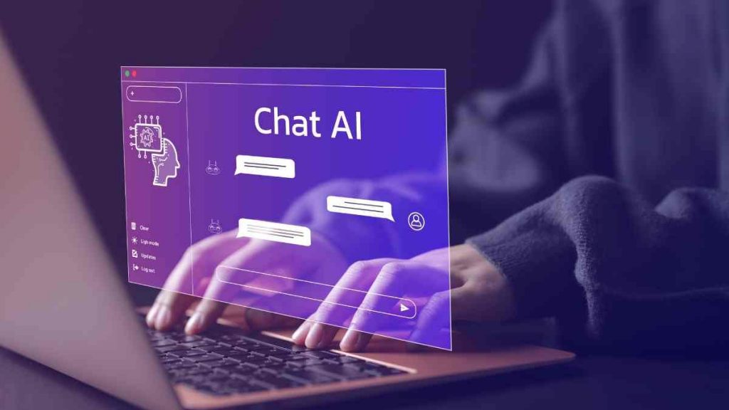 Photo of a laptop with a glowing purple screen overlay that reads ‘Chat AI.’ A person is typing while digital chat icons float above the keyboard, representing artificial intelligence in search. The image connects AI with local SEO for small businesses.