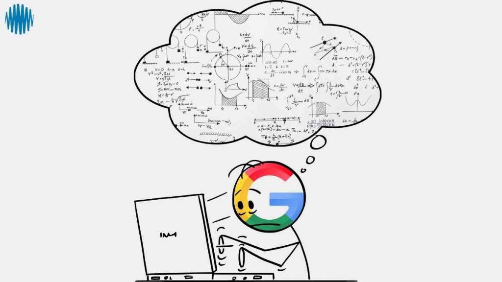 Cartoon-style drawing of Google personified with its logo as a head, sitting at a laptop. Above it is a thought bubble filled with complex maths and graphs, symbolising how Google decides search rankings. This illustrates the foundations of local SEO for small businesses