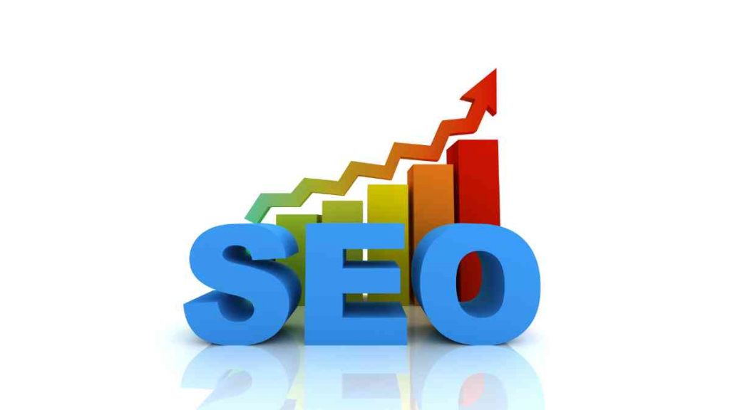 3D letters spelling SEO in front of a rising bar chart, symbolising growth through SEO in digital marketing.