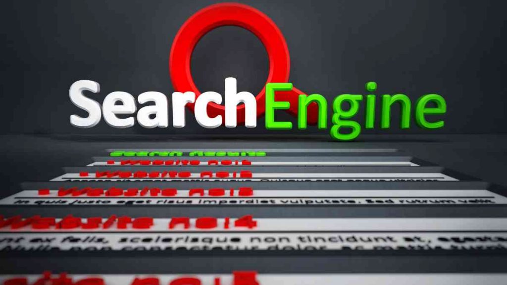 The words Search Engine with a magnifying glass and search results, showing how SEO in digital marketing impacts rankings.