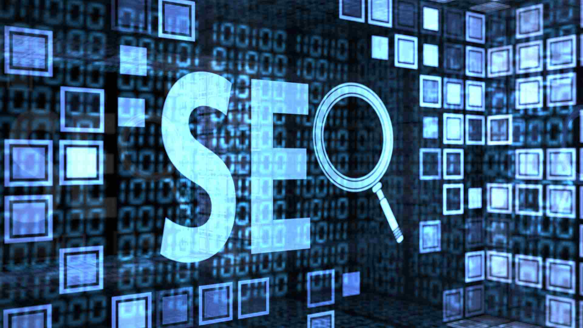 Visual concept of Technical SEO with digital search icons and binary code background.
