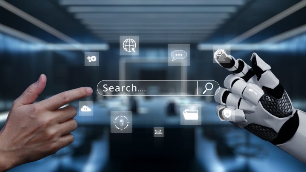 Human and robot hand pointing at a digital search bar with icons, showing AI changes in how do search engines work.