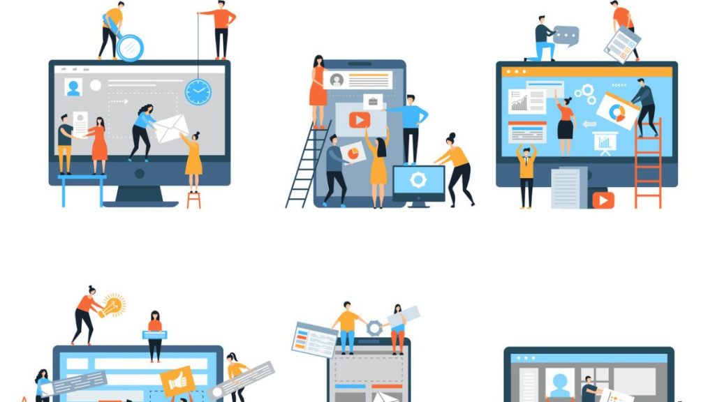 Illustration of teams creating and optimising websites, part of understanding how do search engines work through crawling and indexing.