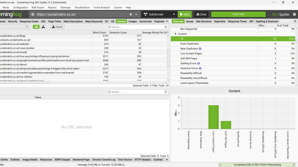 Screaming Frog SEO Spider content tab showing duplicate content check results.