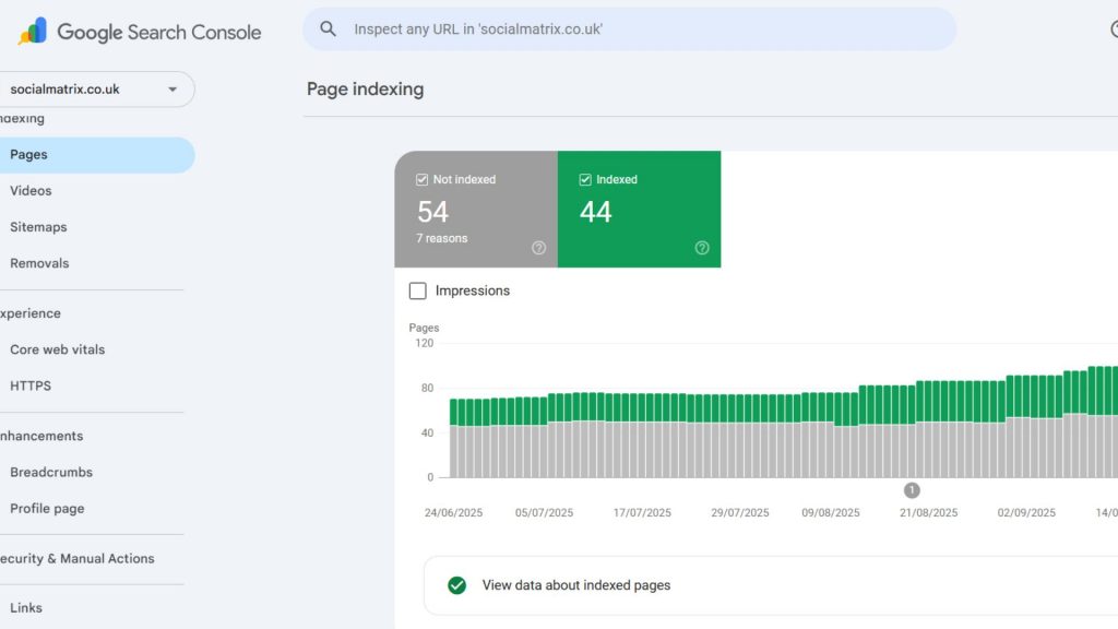 Google Search Console indexing report with 44 indexed and 54 not indexed pages.
