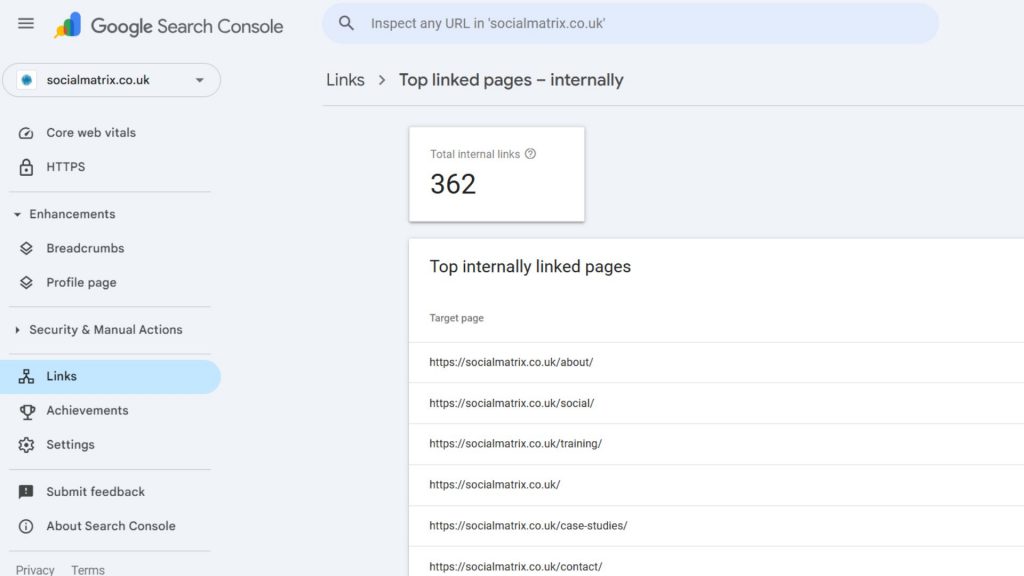 Google Search Console report of top internally linked pages checked in Technical SEO Checklist audit.