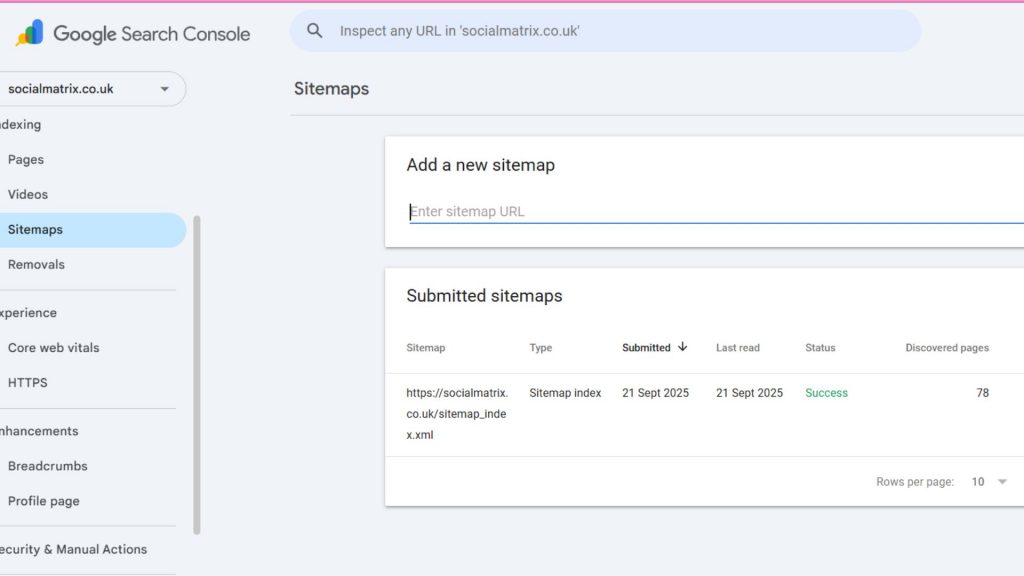 Google Search Console sitemaps report showing submitted sitemap index success.