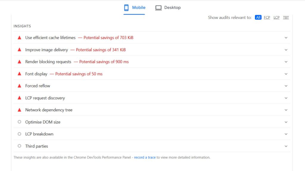 Google PageSpeed Insights mobile audit showing issues and savings for site speed in SEO audit checklist.
