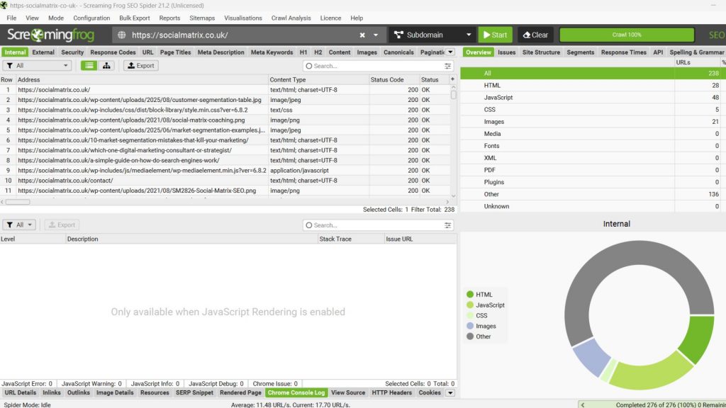 Screaming Frog SEO Spider status report with internal URLs and status codes.