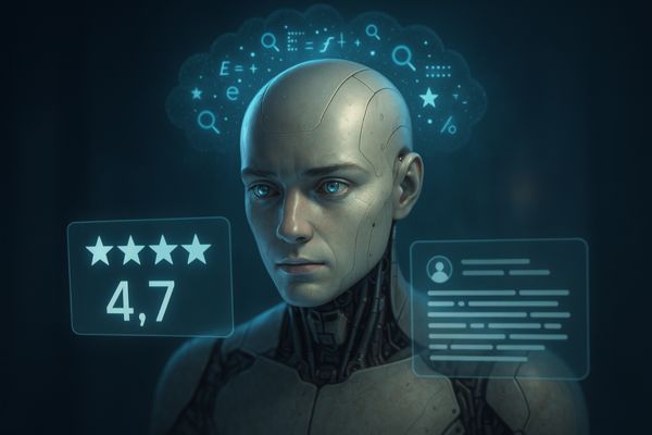 A realistic AI humanoid looking at digital panels showing a 4.7-star rating and customer reviews.